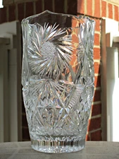 Vintage American Brilliant Cut Glass 8 3/4” Vase Etched Hobstars and Pinwheels