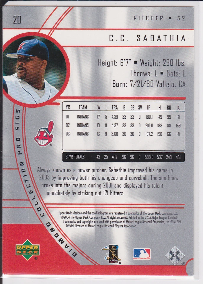 C.C. Tarjeta de béisbol SABATHIA Upper Deck PRO AUTO SIGS Indians CC New York Yankees Foto 2 de 2
