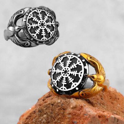 Nordic Viking Double Crows Helm Vintage Amulet Ring Stainless Steel Size 7-13