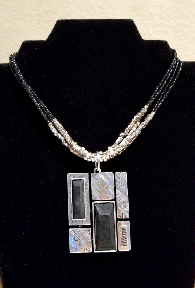 **Ruby Rd Large Silver Black Geometric Modernist Pendant Necklace**