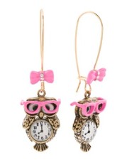 NEW BETSEY JOHNSON GOLD TONE OWL,CLOCK,PINK BOW & GLASSES, CRYS.,DANGLE EARRINGS