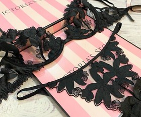 Victoria's Secret LUXE Unlined Appliqu&eacute; Embroidered Demi Brazilian Bra Set Black