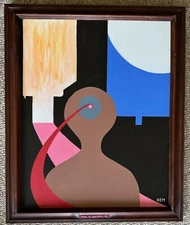 Vintage Surreal Abstract Geometric Painting Art Wall Hanging Signed REM Menges