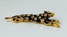 80s Vintage Gold Plated Enameled Black Panther / Jaguar Crystal Brooch