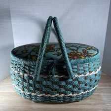 VINTAGE GRANDMA’S Sewing Kit Penney’s Blue Floral Basket 1970's With Items