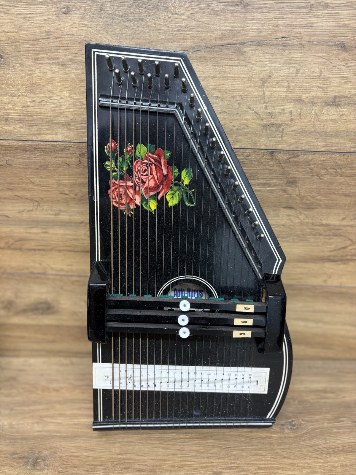 Vintage German Auto Harp Zither String Instrument Rose Floral Design 3 chords s4