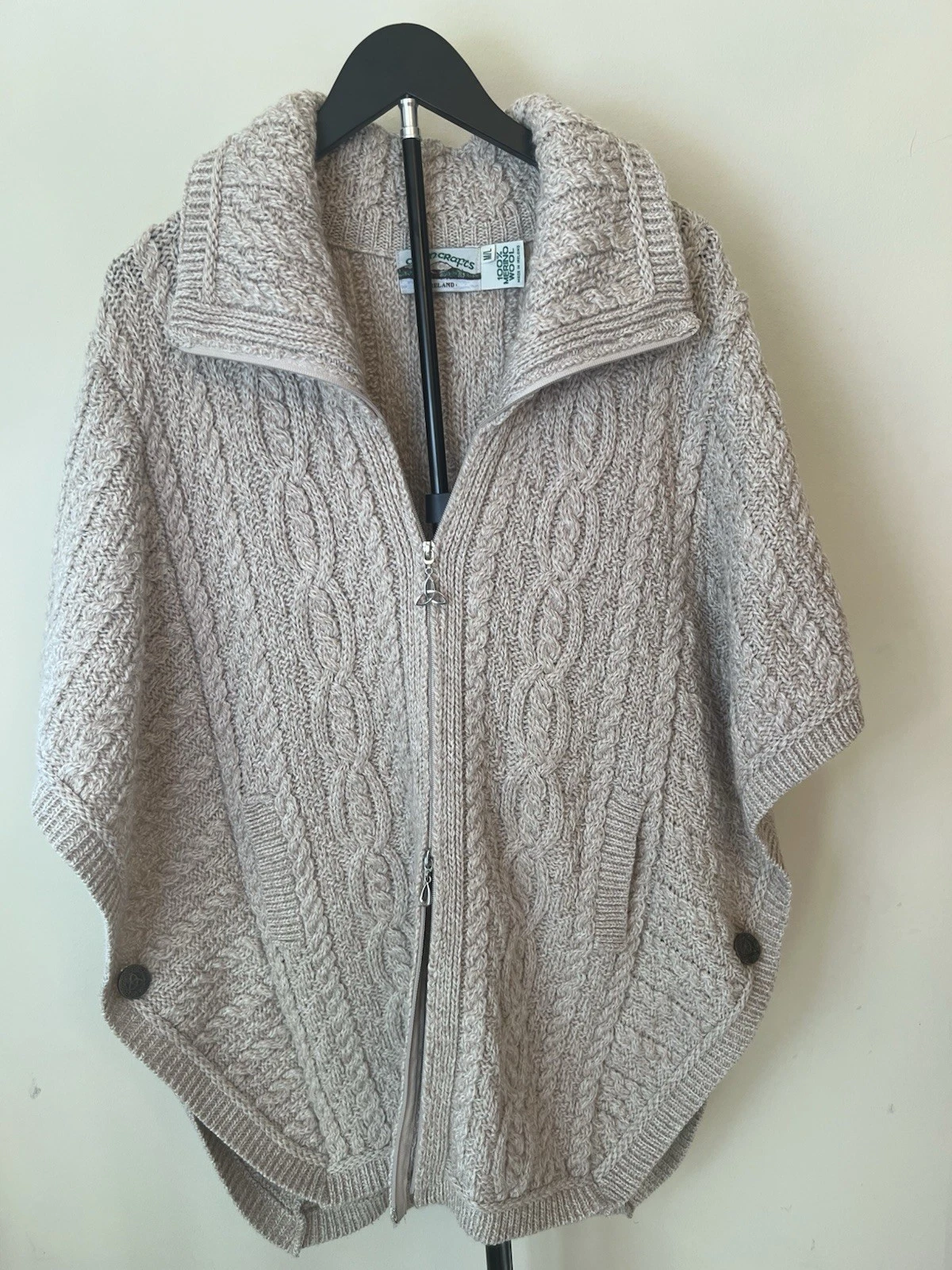 Aran Crafts Ireland Merino Wool Cable Knit Zip Poncho Cape Sweater Oatmeal M/L