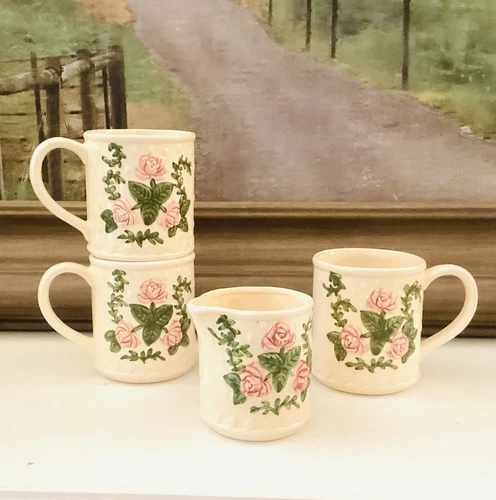 Vintage Ceramic Roses Cream Pink Green Mugs Creamer 4 Ps Set Tea Coffee Cottage