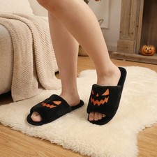 Women Halloween Slippers Plush Black Pumpkin Face Cozy Open Toe House Shoes Gift