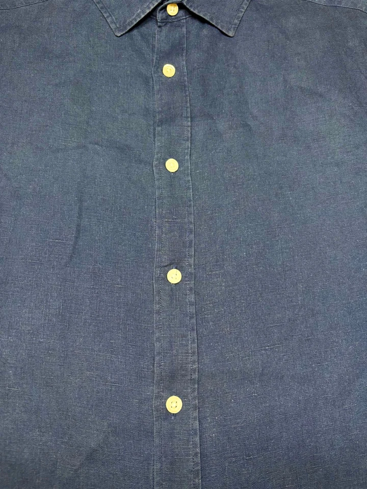 Camisa Charles Tyrwhitt Para Hombres Botón Frontal Manga Corta Mezcla de Lino Azul Marino Grande L Foto 2 de 4