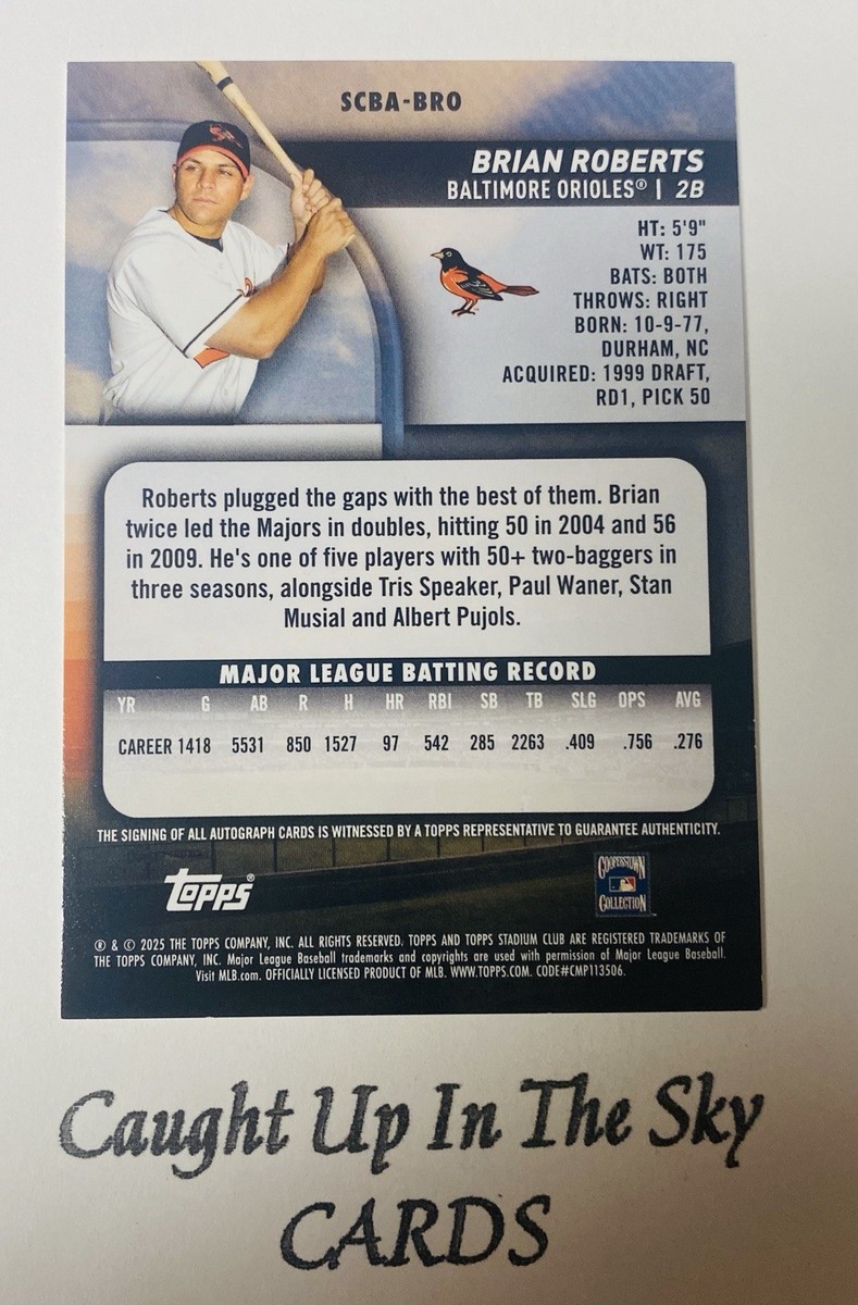 2025 Topps Stadium Club Brian Roberts Yellow On Card Auto Orioles