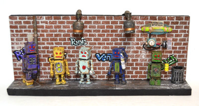 Graffiti Robot ''Street Scene'' micro diorama with 5 robots, Junk Sculpture