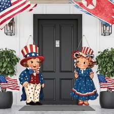 Shellwei 2 Pcs 4th of July Hanging Sign Wooden Patriotic Front Door Decoratio...