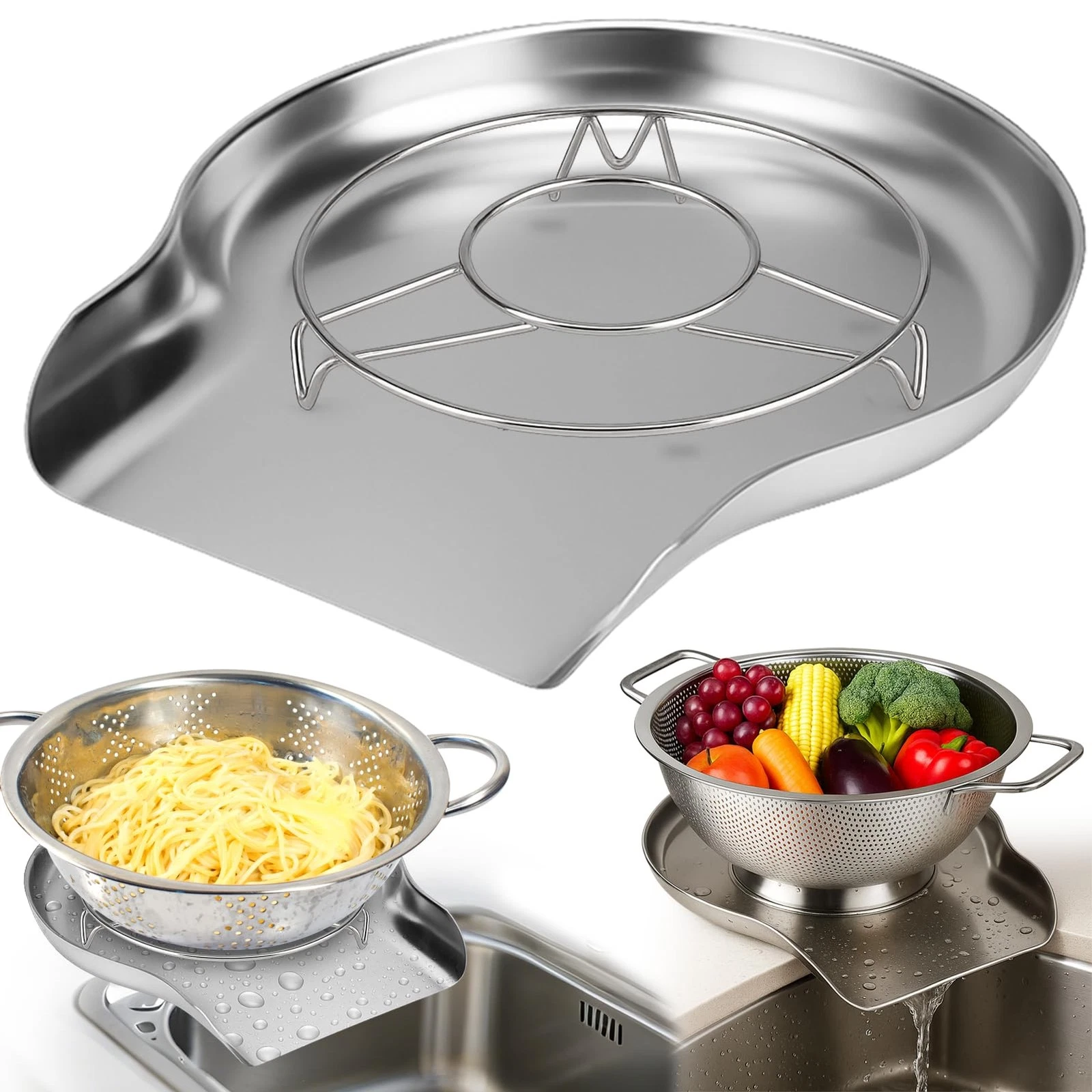 Colander and Strainer Self Drainer Base Plate Stainless Steel for Kitchen, Me...