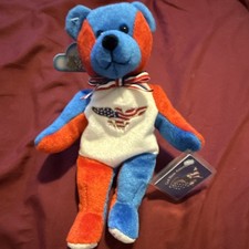 Ty America Bear Beanie Babies Plush Red White Blue USA Flag Ribbon Tags 2002