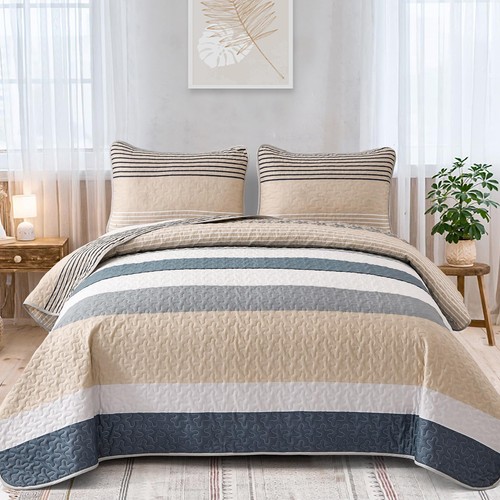 Trapunta Dinjoy Beige Boho Queen Size, Copriletto Reversibile a Righe Cachi 3 Pezzi - Foto 1 di 9