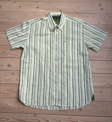Tommy Hilfiger Mens Shirt XL Short Sleeve Striped Green/White/Blue