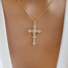 1.20 CT Round Lab Created Diamond Cross Pendant Necklace 14k Yellow Gold Plated