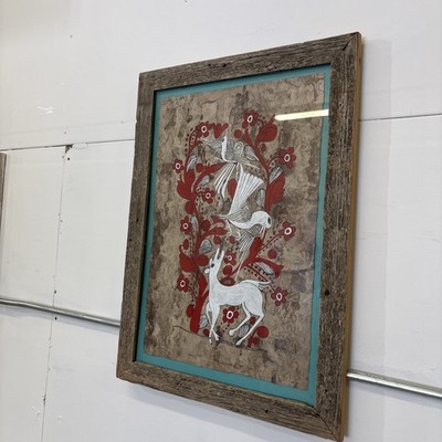 Original Vintage Mexican Folk-Art Painting Amate Bark Paper 21  X 29  Wood Frame