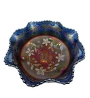 Vintage Fenton Blue Carnival Glass Butterfly & Berry Bowl 3 Toed 9" Sawtooth Rim