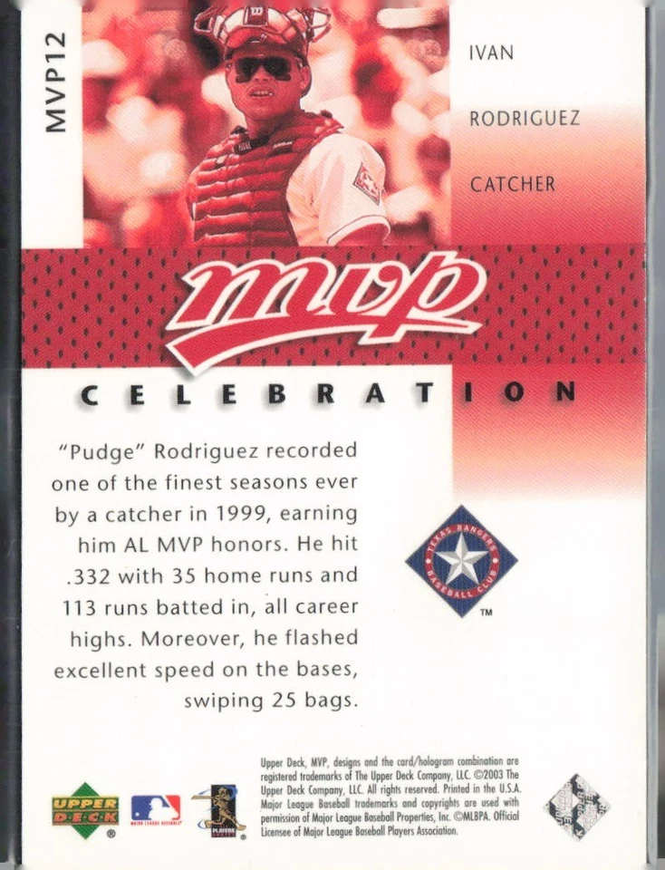 2003 Upper Deck MVP Celebration Ivan Rodriguez Card #MVP12 Serial #0769/1999 - Image 2 of 2