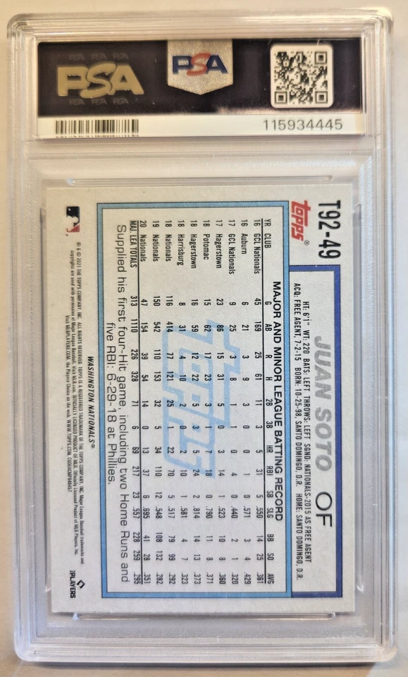 Juan Soto 2021 Topps Update 1992 Redux Washington Nationals #T92-49 PSA 10 POP 4 - Image 2 of 2