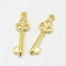 10 Skeleton Key Charms Miniatures Shiny Gold Steampunk Findings 18mm 2 Sided