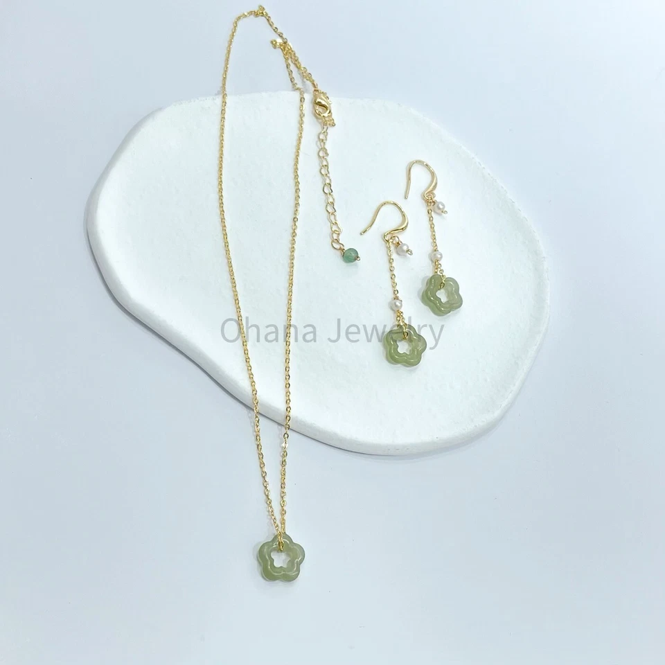 Collar de eslabones ovalados de cobre jade verde natural de 18" - flor de hetia Foto 2 de 2