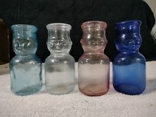 4 Vtg Cobalt Blue Peach Aqua Clear Glass Baby Face Milk Dairy Bottles 1/2 pint