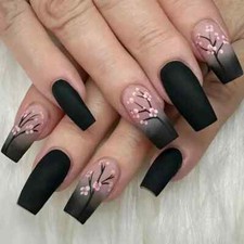 24 Pcs Press-On Oval Nails - Middle Length Black and Pink Gradient with Cherry