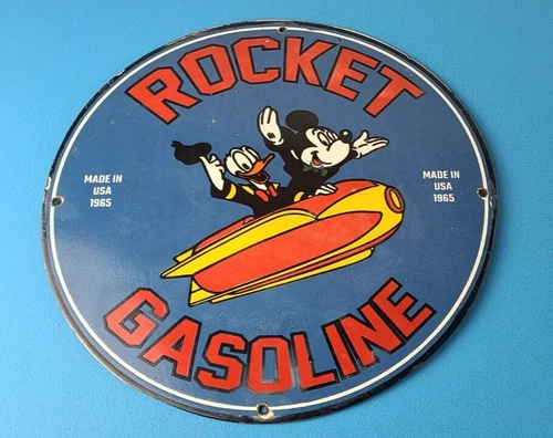 Vintage Rocket Gasoline Sign - Disney Mickey Mouse Gas Oil Pump Porcelain Sign