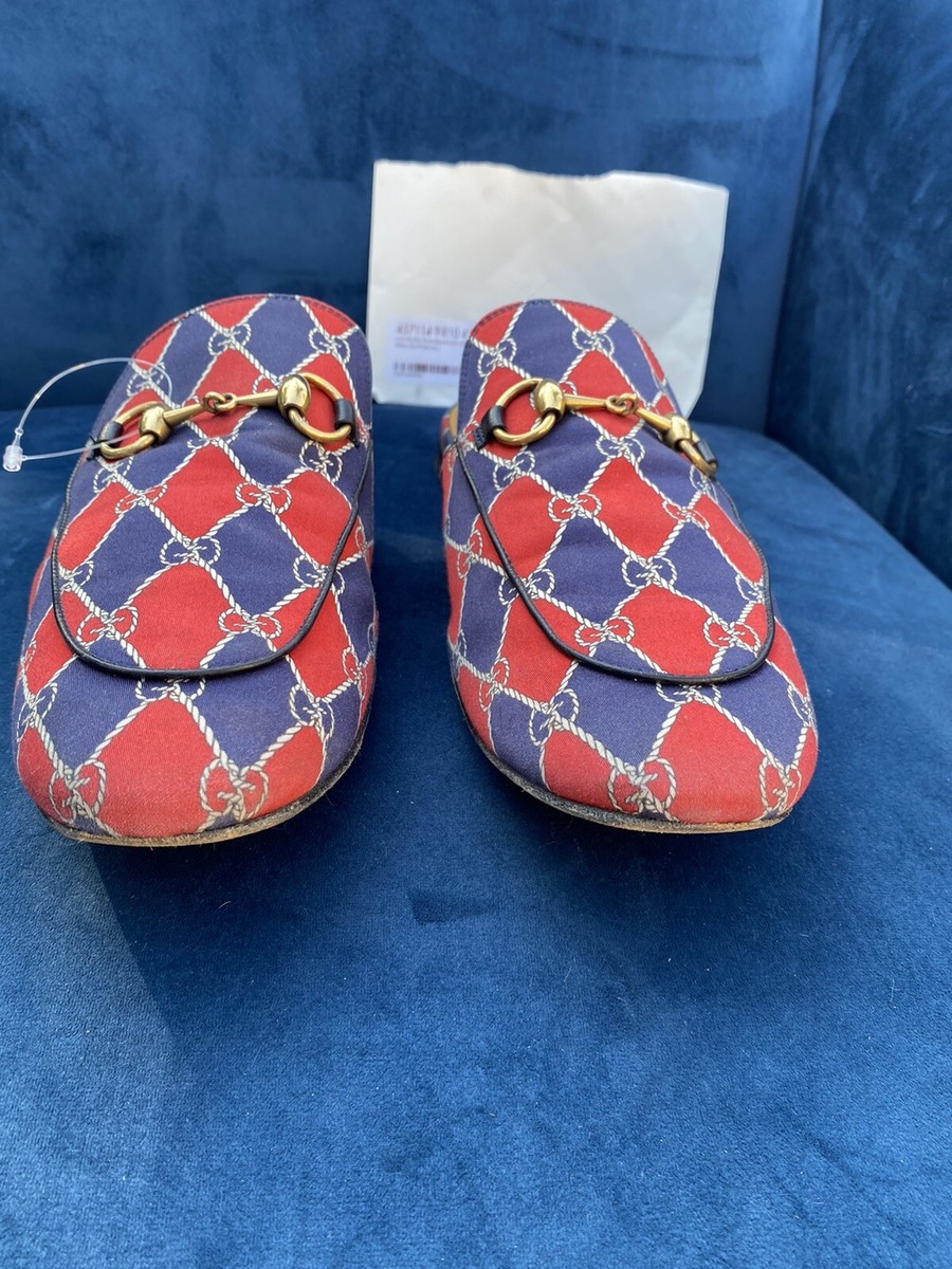 GUCCI Royal Bluett Red/Blu Guicci Logo Rhombus Chain Mule