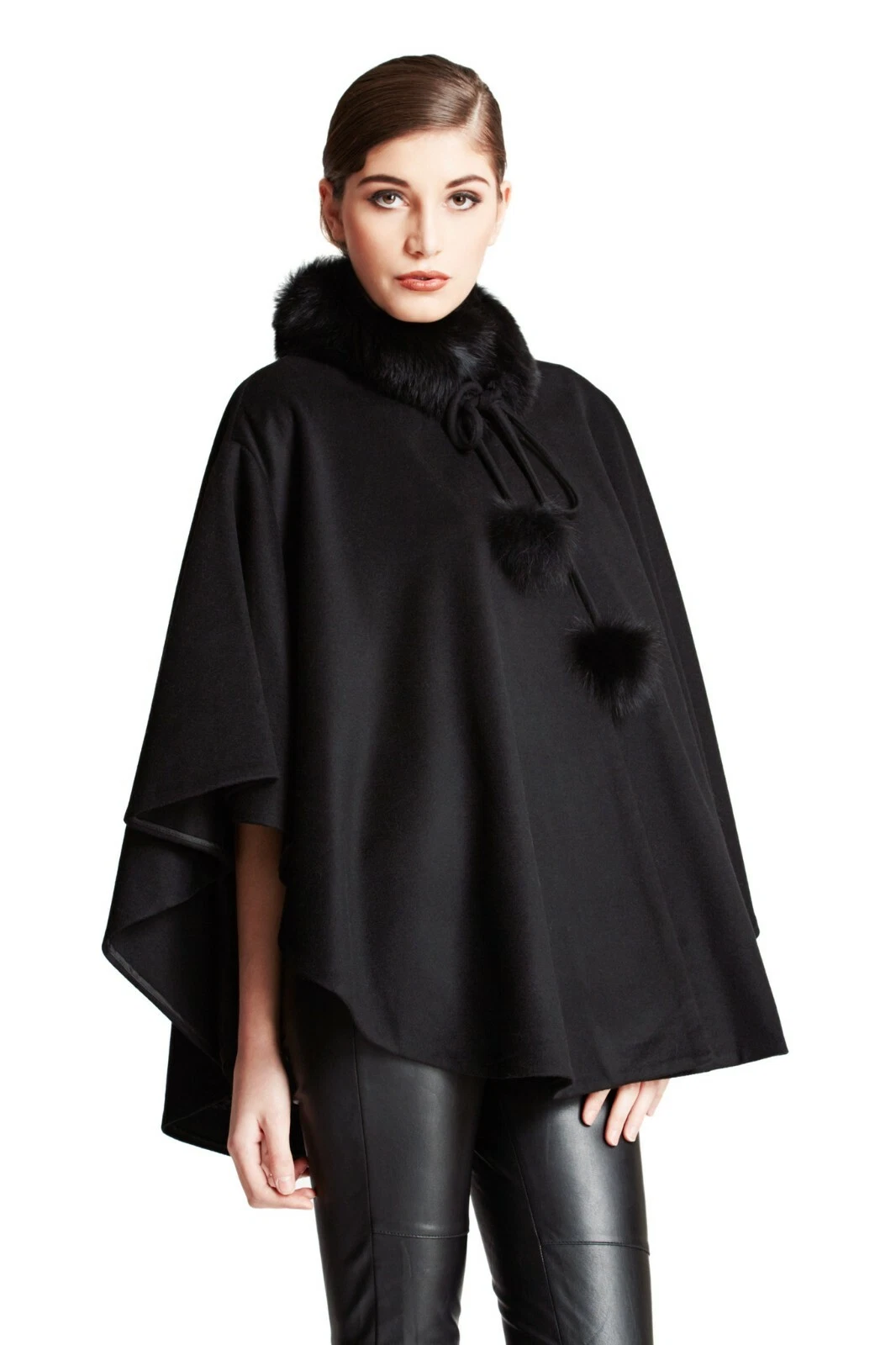 Cashmere Cape 3-Ply Thick Cashmere with Fox Fur Trim Cape Coat for Winter Poncho