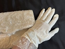 Vintage La Regale White Pearl  Bugle Beaded Wedding Gloves And Clutch