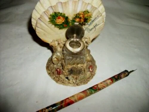 СТАРИННЫЙ ИТАЛЬЯНСКИЙ ЧЕРНИЛЬНИЦА РАКУШКА ПИСЬМО ДЕРЖАТЕЛЬ POMPEII МРАМОР ДЕРЕВА DIP РУЧКА 1900 - Изображение 4 из 4