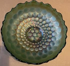 Vintage Fenton Green Carnival Glass Coin Dot Scalloped Bowl, Candy Dish 7” EUC