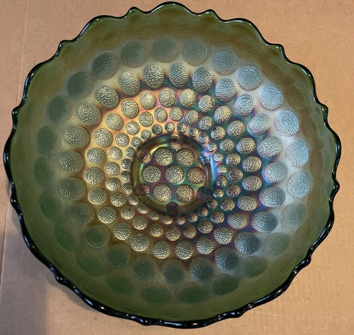 Vintage Fenton Green Carnival Glass Coin Dot Scalloped Bowl, Candy Dish 7” EUC