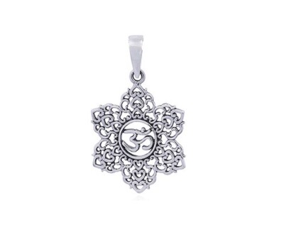 Massiver 925 Sterling Silber spiritueller Mandala Lotusblüte Ohm, Om oder Aum Anhänger