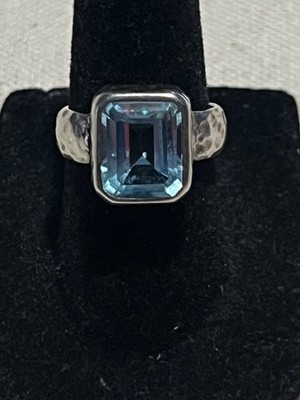 Vintage 925 Sterling Merav gehämmert & Smaragdschliff Topas Stein Zargenring Größe 6