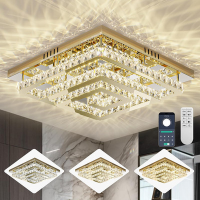 34'' Crystal Gold Chandelier with Remote, 3 Color Temps & Adjustable Brightness