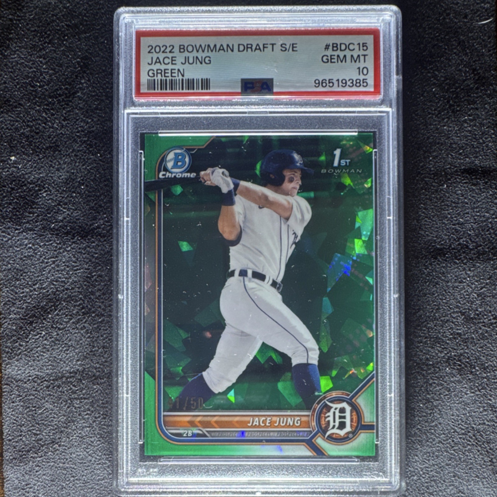 Bowman Draft Sapphire 2022 Jace Jung Tigers Green #BDC-15 /50 RC PSA 10