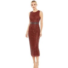 Mac Duggal 93758 Beaded Sleeveless Midi Cocktail Dress Brick Red Sz4 See photos