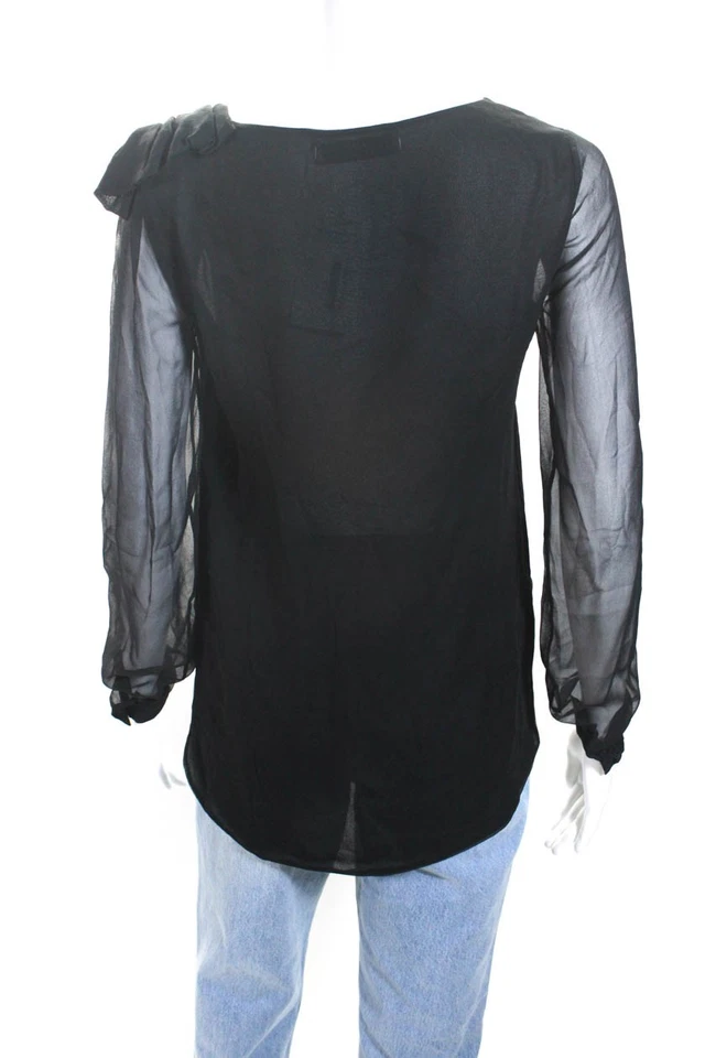 Robert Rodriguez 女式丝绸雪纺 V 领绑带肩衬衫黑色 XS 码 — 第 3/4 张图片