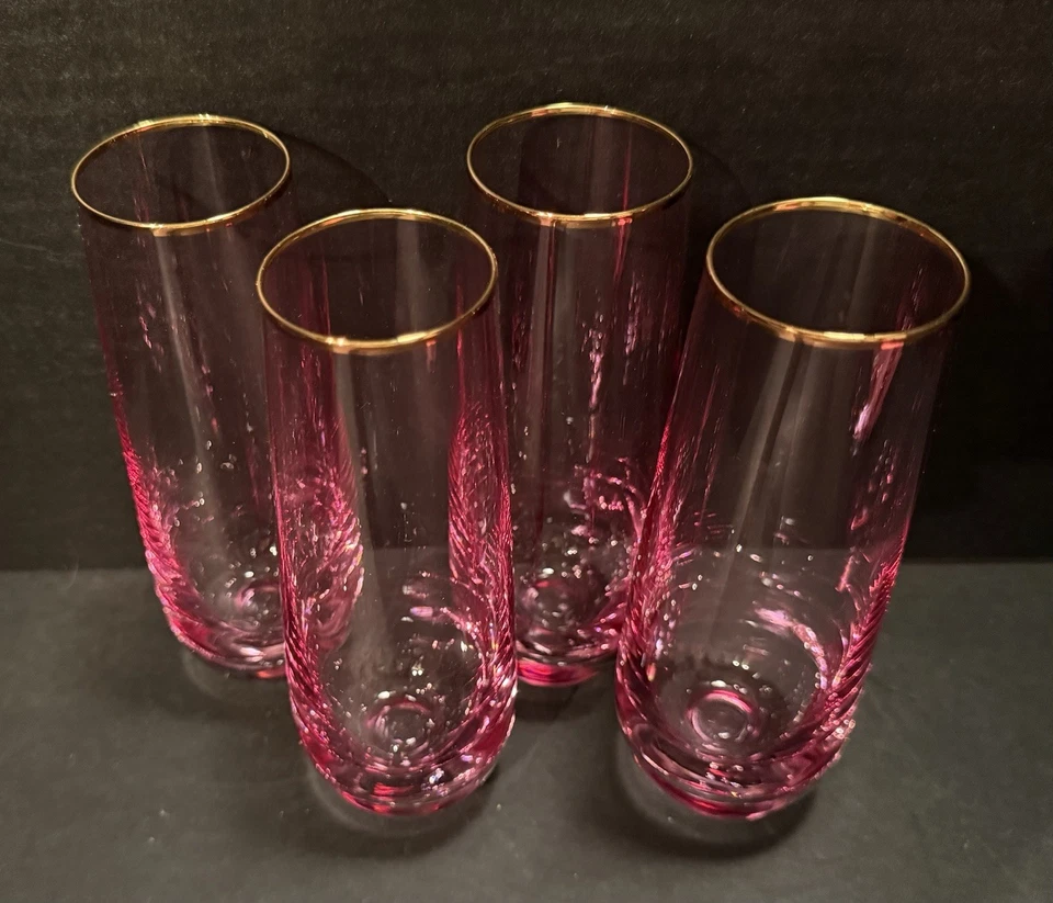 无节制香槟长笛 ~ 美丽的粉红色透明眼镜 带金边 罕见 ~ 4 件套 — 第 4/4 张图片