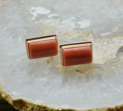 14K Yellow Gold Over Cufflinks Set In Red Coral Cabochons For Men's 3/4'' x 1/2''