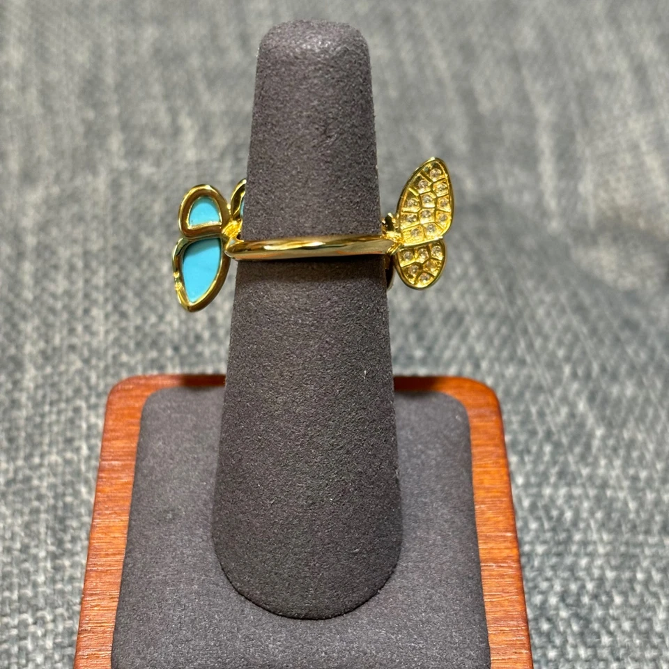 Anillo abierto mariposa, 2 dedos, estrás turquesa dorado, talla única, nuevo Foto 3 de 4