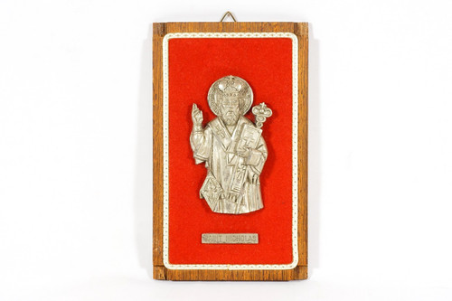 Vintage Saint Nicholas Pewter Icon Peltro Italy 4 x 6.5" Wood Plaque Catholic