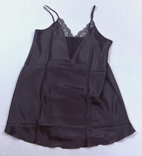 women's black satin slip dress size XL adjustable straps lace v-neck polyester