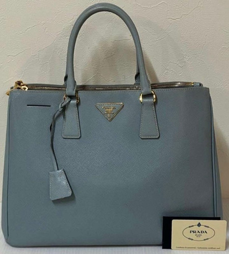 PRADA Galleria Saffiano Leather Handbag Shoulder Bag Blue Gray Gold Hardware