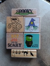 Halloween Wood Mounted Rubber Stamps Lot of 6 Mummy, Witch, Frankenstein Monster